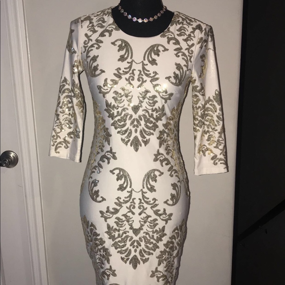 B-Darlin Partial Sleeve Gold and White Bodycon